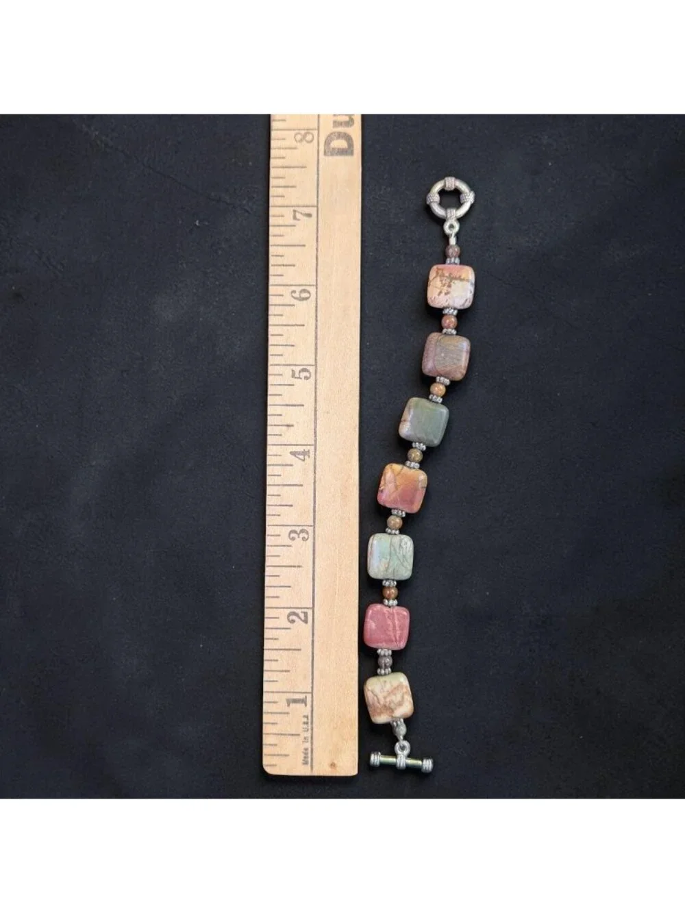 Vintage Jasper Stone Bracelet Earthy Square Beads W/ Toggle Clasp Handmade 7.5” - Picture 3 of 8
